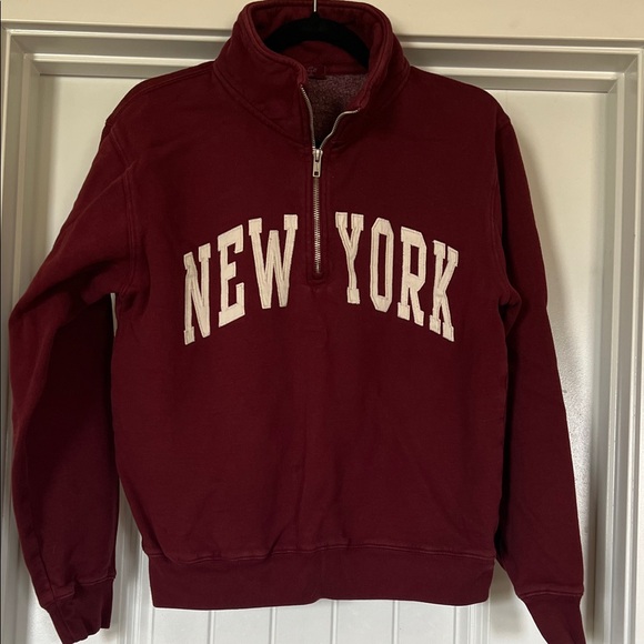 Brandy Melville Tops - Brandy Melville Maroon Half-Zip Hoodie with New York Print